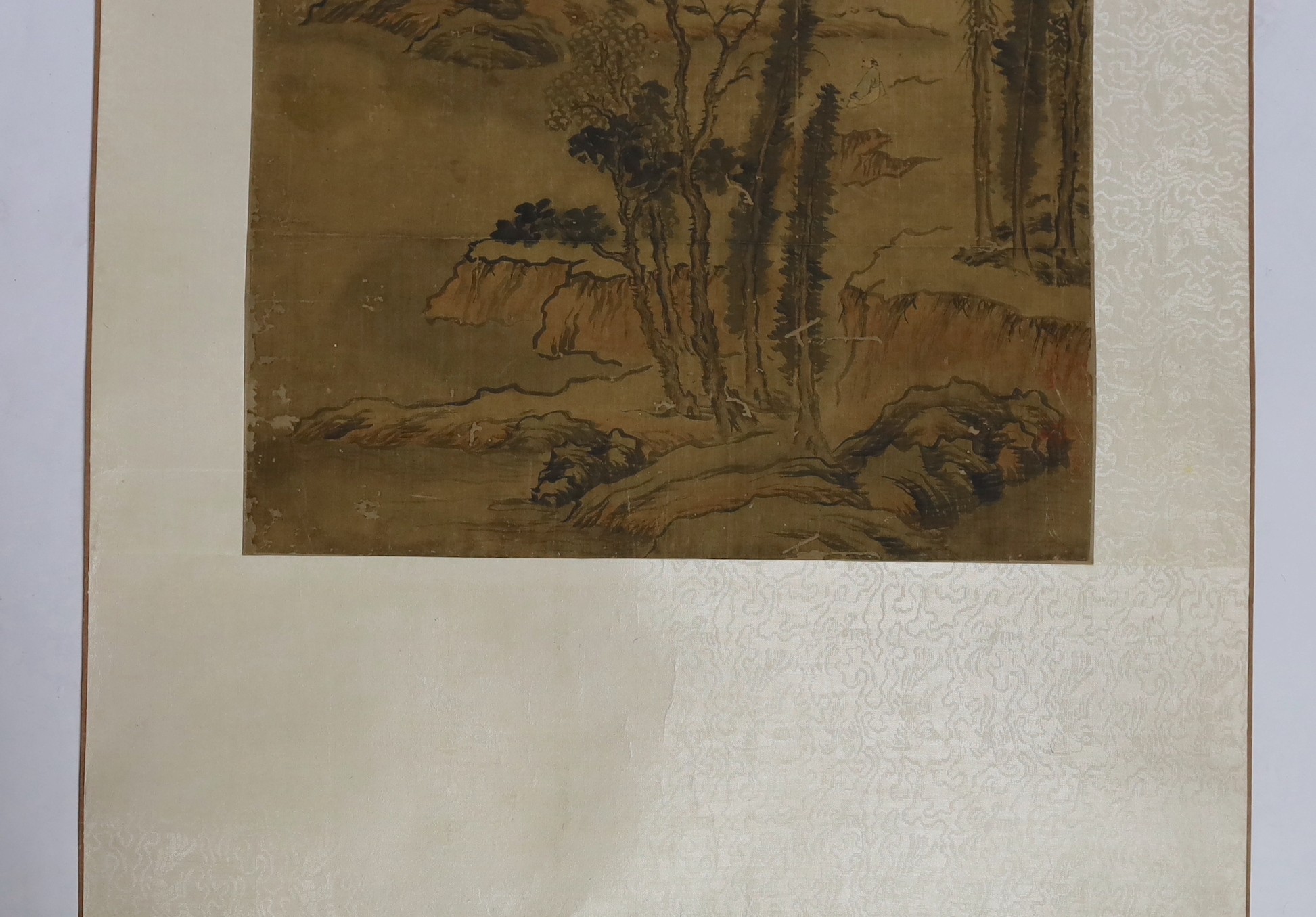 A Chinese scroll painting on silk of a sage in a mountainous river landscape, 18th/19th century, image 69.5cm x 44cm